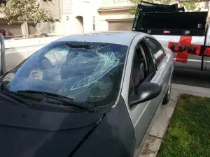 Smashed Windshield From Hood